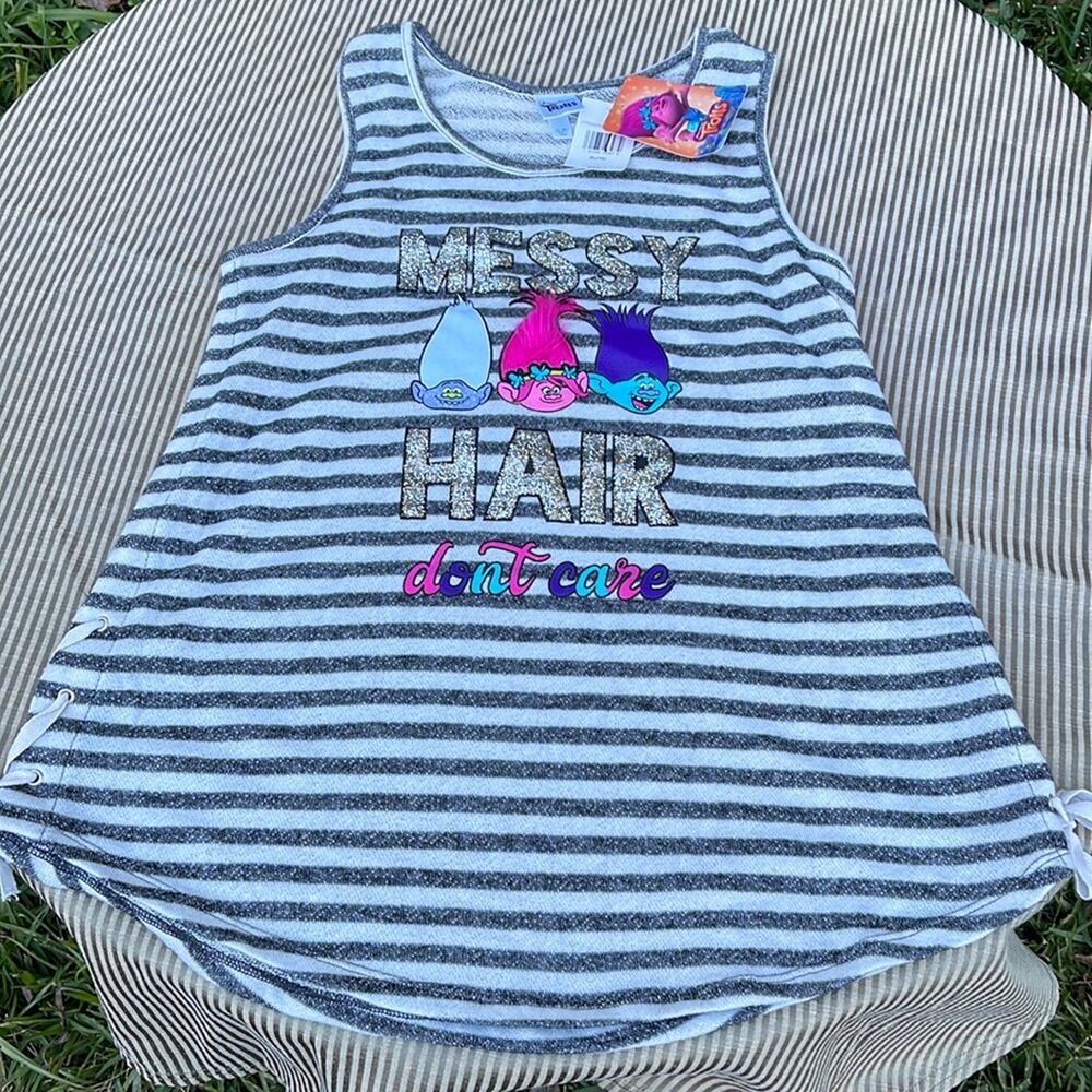 Trolls Movie Messy Hair Don't Care T-Shirt Gray Stripe Poppy Tank Top NWT XL